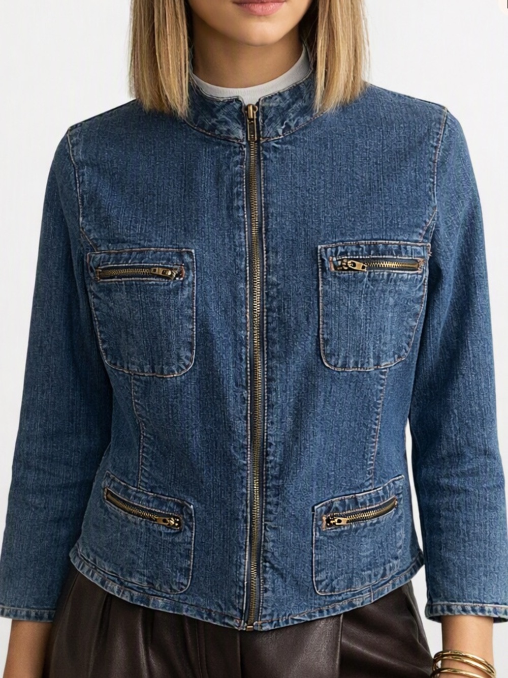 Jessica Sport Denim Jacket Vintage Zip Front Mandarin Collar Size 8 Medium Wash